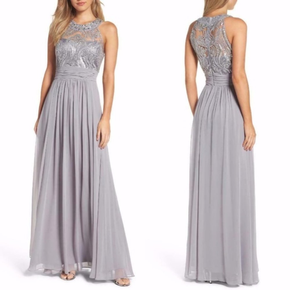 Eliza J Gray Metallic Lace Bodice Chiffon Gown